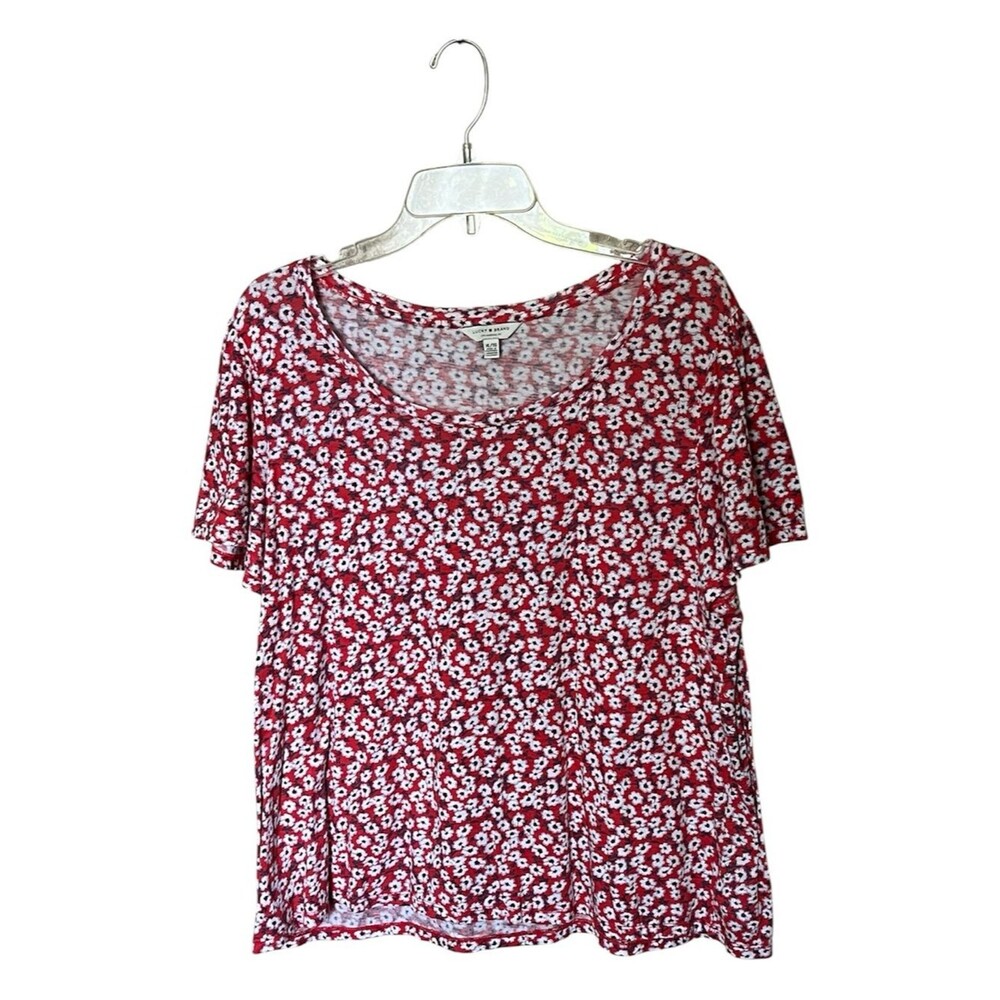 Lucky Brand Red and White Floral Scoop Neck Short Sleeve T Shirt Top Size XL